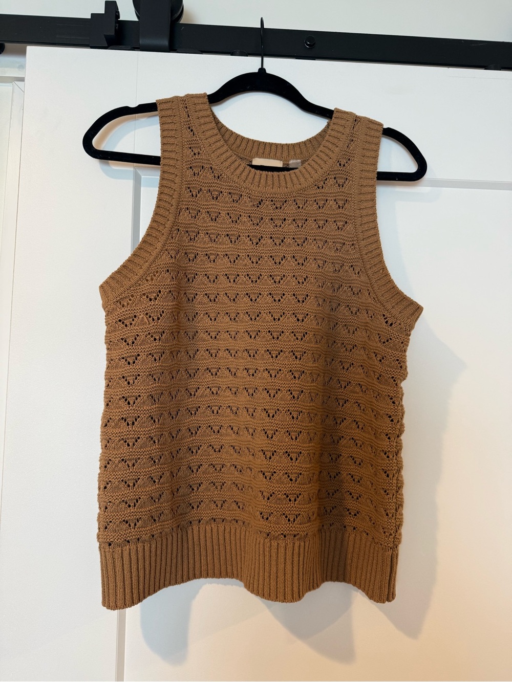 Tahari Sleeveless Open-Knit Tank Sweater in Camel Brown